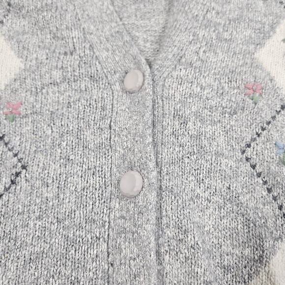 Vtg Private Party Angora Cardigan Womens M Argyle Floral Grey Granny Retro 90s - Picture 4 of 16